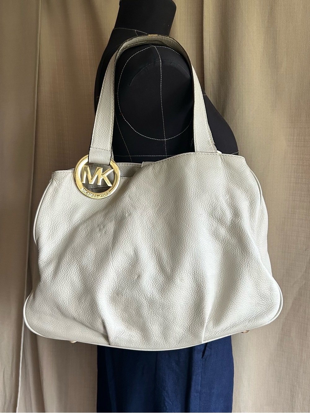 Michael Kors Cream Leather Shoulder Tote with Gold MK Charm